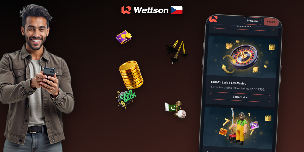 Uvítací balíček Wettson Kasino s mincemi a hracím automatem v modrozlatém motivu